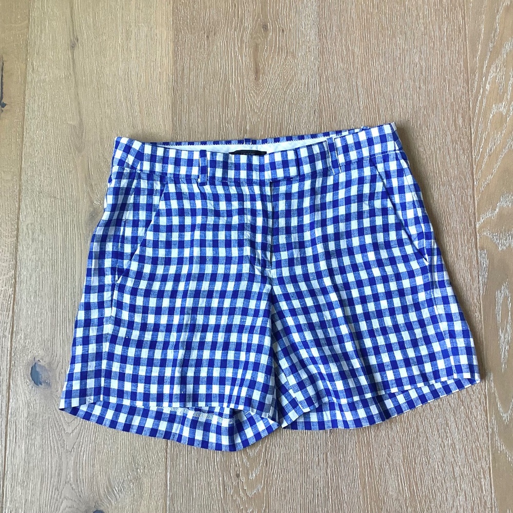 NWOT J Crew SZ 0 Women’s Blue White Gingham Flat Front Linen Shorts